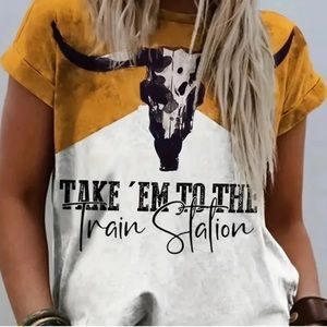 Cow Head Print Color Block T-Shirt